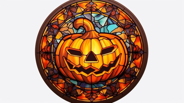 Stained Glass CIRCULAR HALLOWEEN evil pumpkin SET IN.Generative AI