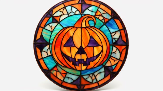 Stained Glass CIRCULAR HALLOWEEN evil pumpkin SET IN.Generative AI