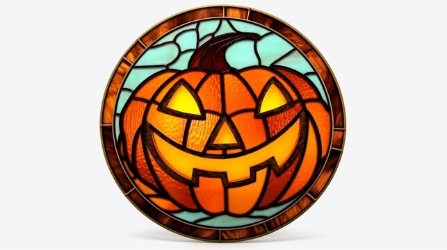 Stained Glass CIRCULAR HALLOWEEN evil pumpkin SET IN.Generative AI