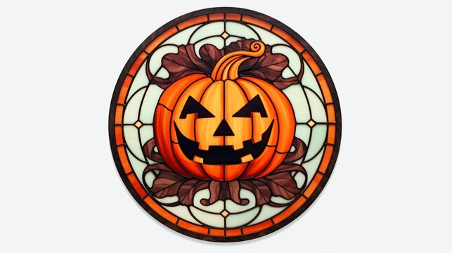 Stained Glass CIRCULAR HALLOWEEN evil pumpkin SET IN.Generative AI