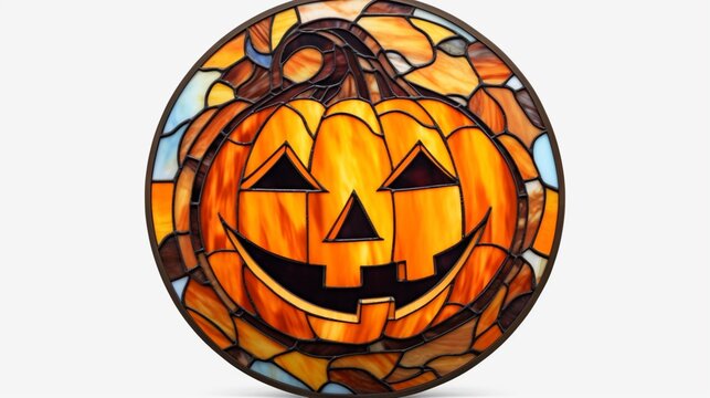 Stained Glass CIRCULAR HALLOWEEN evil pumpkin SET IN.Generative AI