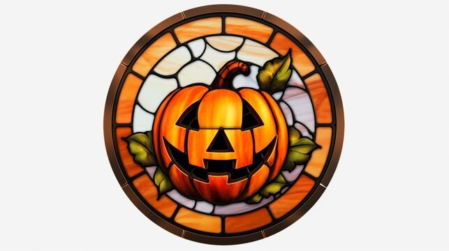 Stained Glass CIRCULAR HALLOWEEN evil pumpkin SET IN.Generative AI
