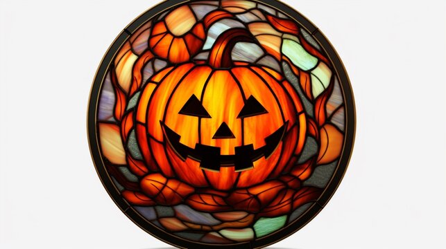 Stained Glass CIRCULAR HALLOWEEN evil pumpkin SET IN.Generative AI