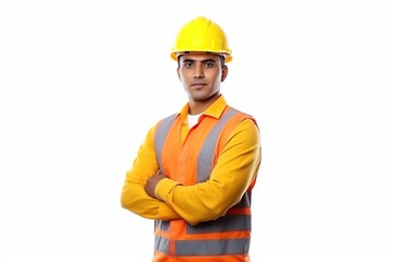 Wall Mural - Construction worker, engineer with a safety vest and hardhat on white background. contractor or architect in planning or renovation. ai generative