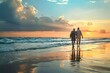 Eternal love. Old mature couple walking on beach at sunset. Romantic getaway. Senior embracing beauty of sunset. Sun kissed moments. Retired enjoying stroll together