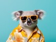 Cute gray fluffy koala in sunglasses and colorful