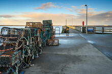 Lobster Pots At Amble's South Jetty.  Amble Harbour Is Actually Called Warkworth Harbour And Is Set On The Banks Of The River Coquet In Northumberland In The North East Of England
