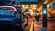 Power supply connected to electric vehicle charge battery. EV charging station for electric car or Plug-in hybrid car. Automotive innovation and technology concepts.
