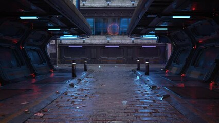 Aufkleber - 3D animation moving through a cyberpunk city street at night.