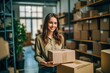 © Vilaysack - Startup small business, Businesswoman running an e-commerce small business. Female entrepreneur preparing orders for shipping at the home office, packaging box, ai generative