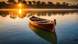 An old wooden boat, surrounded by glassy waters and a setting sun, its sails gently billowing in the wind