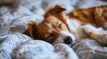 Wall Mural - Serene image of a sweet dog taking a cozy nap on a bed.
