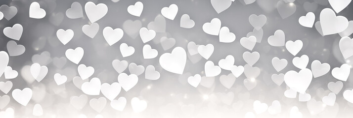 Wall Mural - Beautiful light background banner with silver and white hearts. Valentine's Day. Panoramic web header with copy space. Wide screen wallpaper.