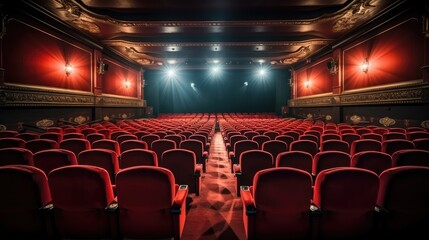 Aufkleber - Empty cinema hall with red seats in Movie theatre. Generative AI.