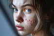 Teenage girl with her face covered in acne. Teen with inflamed irritated skin looking into mirror. Young woman dealing with pimples.