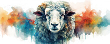 Watercolor Sheep Head Animal Photo On White Background.