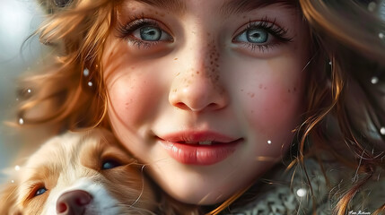 Wall Mural - Beautiful girl with a dog in the winter forest. Portrait of a girl with a dog. Closeup portrait of a cute little girl with her dog in winter.