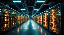 Server Farms With Rows Of Computers And Mining Rigs, Consuming Vast Amounts Of Electricity. Generative AI.