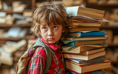 A sad-looking child holding a large stack of books