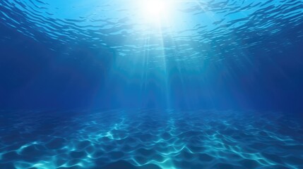 deep ocean, blue underwater with sunlight shine to sand sea floor