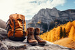 Backpack and leather ankle boots in the mountains on sunny summer day. Hiking equipment.