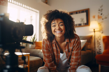 Beautiful young woman recording video blog with her camera. Teen influencer creating content for her social media account. Social media and blogging concept.