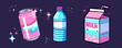 Set of anime style drink stickers on a dark background. Soda can, water bottle and milk cartoon in cute cartoon style.
