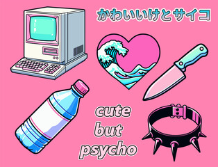 Aufkleber - Set of vector y2k fashion elements for patches and stickers in pastel colors. A retro computer, a knife, a spiked choker, a heart, Japanese text meaning 