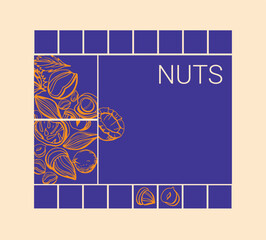 Poster - Isolated vector set of nuts on blue background. Peanuts, cashews, walnuts, hazelnuts, almonds.Nuts and seeds collection. Vector hand drawn objects. Nuts postcard.
