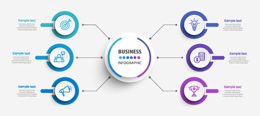 Wall Mural - Business vector infographic design template with icons and 6 options or steps. Can be used for process diagram, presentations, workflow layout, banner, flow chart, info graph	