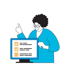 Leinwandbilder - Social media concept with cartoon people in flat design for web. Woman filling online profile information in list for networking. Vector illustration for social media banner, marketing material.
