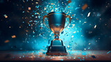 Fototapeta  - Shiny silver trophy placed on the podium floor, success concept, confetti falling from above, blue smoke and glow. Prize or reward for the winner and champion ceremony, contest triumph stage or floor
