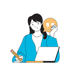 Aufkleber - Social media concept with cartoon people in flat design for web. Woman writing text with quotes for online blog or replying in chat. Vector illustration for social media banner, marketing material.