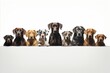 Mixed breed dogs various sizes and breeds isolated on white background with copy space