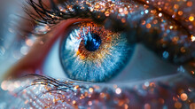 Macro Shot Of Beautiful Woman's Eye With Bright Makeup And Sparkles. 