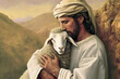 Oil painting of Jesus recovered the lost sheep carrying it in arms.