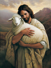 Canvas Print - Oil painting of Jesus recovered the lost sheep carrying it in arms.