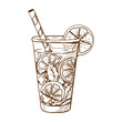 Sketch Drawing of a Lemonade Glass with slices of lemons or limes and ice cubes. Fresh Cold summer drink.