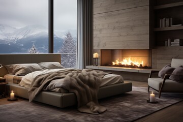 Modern and cozy bedroom with an electric fireplace