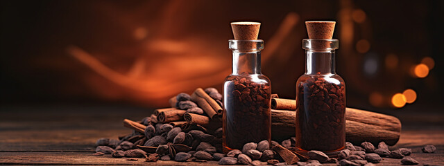 Canvas Print - bottle, cans of cocoa extract essential oil