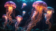 KI Unterwasser Biolumineszenz, schwebende Quallen 
