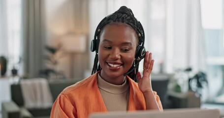 Sticker - Black woman, virtual assistant in home office with laptop and phone call, remote work and crm in apartment. Girl at desk with computer, headset and conversation for advice, online chat and support.