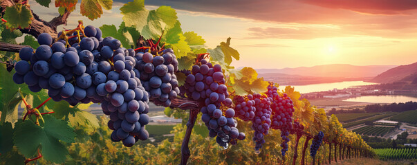 Wall Mural - A bunch of black grape for wine on vineyard with vine on the background