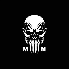  a black and white image of a skull with the word m m n on it's front and side.