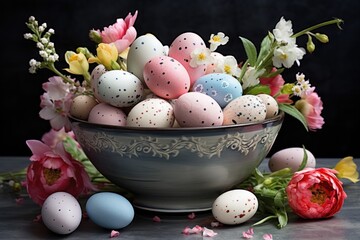 Wall Mural - colorful easter eggs with small flowers and grasses, in the style of elaborate fruit arrangements, dreamy color palette