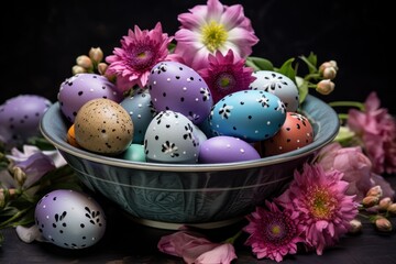 Wall Mural - colorful easter eggs with small flowers and grasses, in the style of elaborate fruit arrangements, dreamy color palette