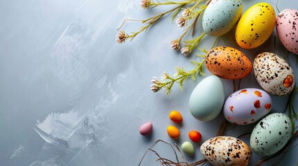 Wall Mural -  a group of colorful eggs sitting on top of a table next to a bunch of flowers and a sprig of grass.