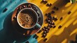  a cup of coffee sitting on top of a saucer filled with coffee beans on a yellow and blue surface.