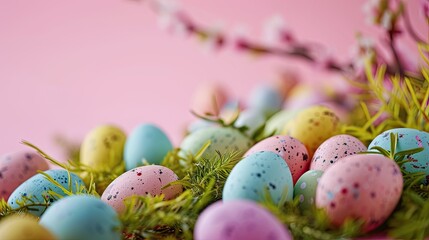 Wall Mural -  a bunch of colorful eggs sitting on top of a green moss covered tree branch in front of a pink wall.