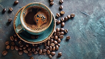 Poster -  a cup of coffee sitting on top of a blue saucer next to a pile of coffee beans on top of a wooden table.